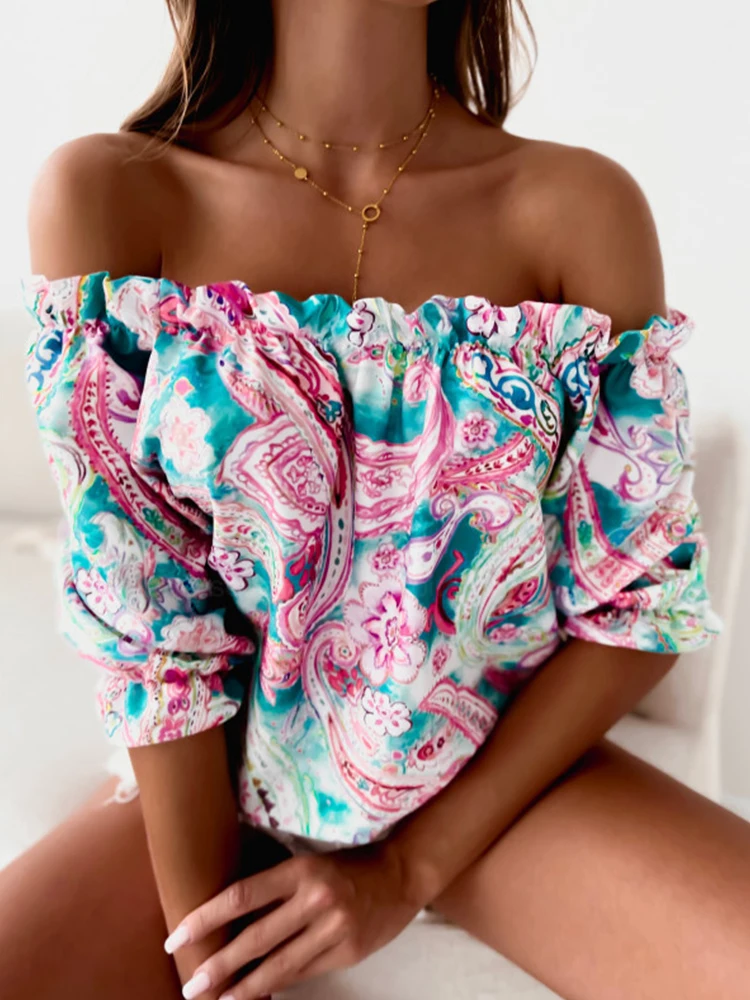 

2022 Women Fashion Street Clothes Blusa Ladies Sexy Summer Slash Neck Blouses Shirts Elegant Floral Print Long Sleeve Beach Tops