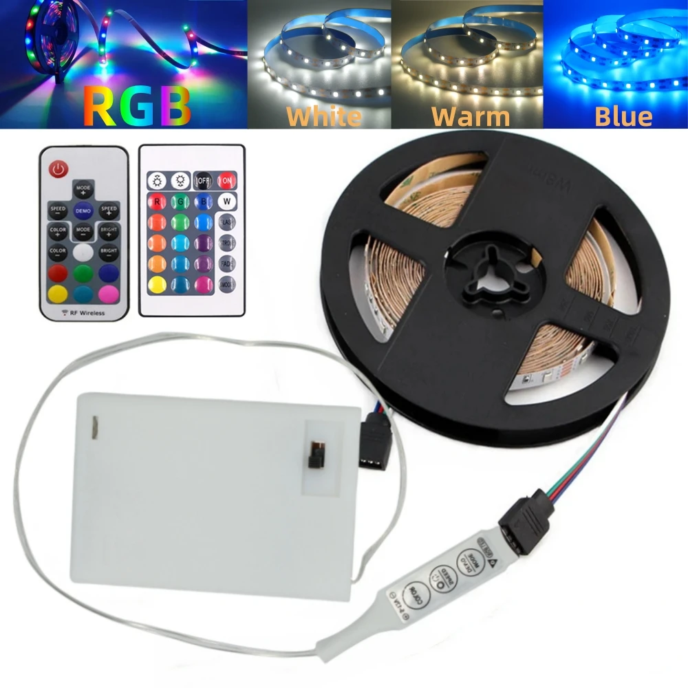 Фото Светодиодная лента с питанием от батарейки AAA, 5 В, белая, теплая, RGB 2835, 60 светодиодов/м, гибкая, 50 см, 1 м, 2 м, 3 м, 5 м, подсветка телевизора, ночная лента с диодами №1