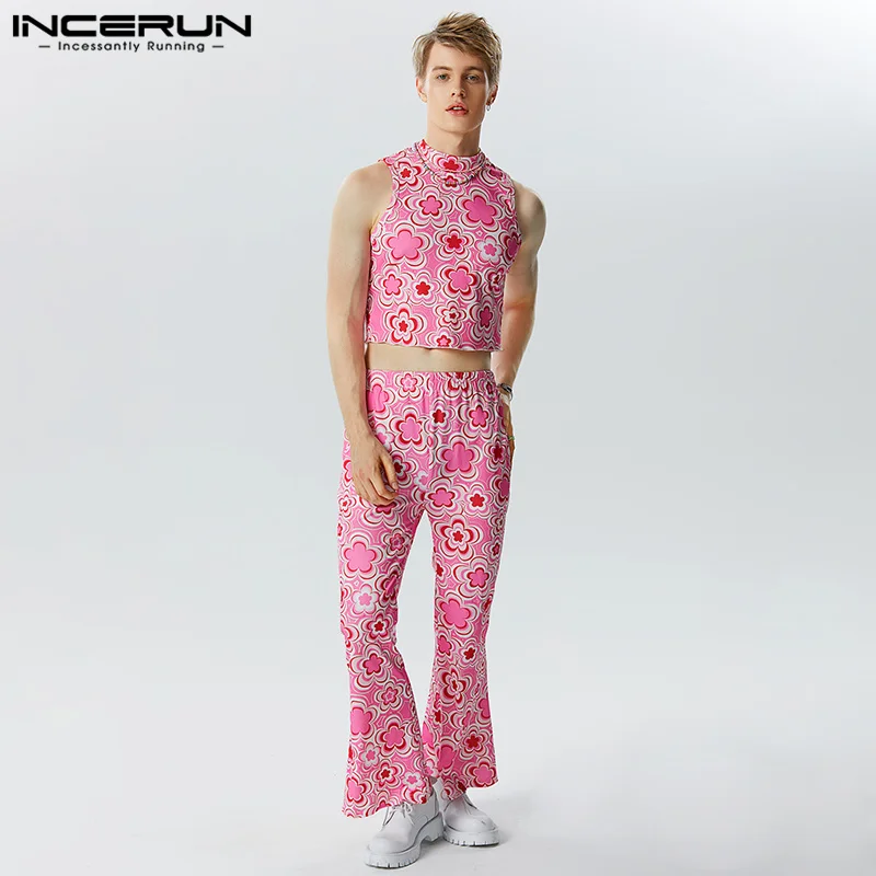

American Style Mens Sets Casual Streetwear Sleeveless Tank Tops Long Pant Fashion Flower Print Two Piece Sets S-5XL INCERUN 2023