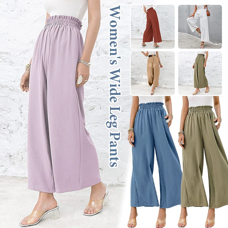 Fashion Women's Summer Wide Leg Pants Home Sleep Bottoms Cotton Hemp Pants High Waist Elastic Casual Loose Cropped Pants