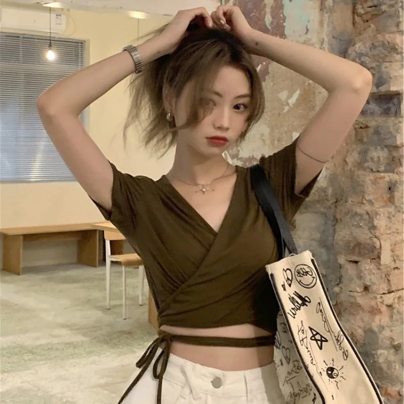 

Women's T-shirt V-neck Slim Fashion Navel Cotton Cross Sling Tight BM Short All-match Top Summer Ins American