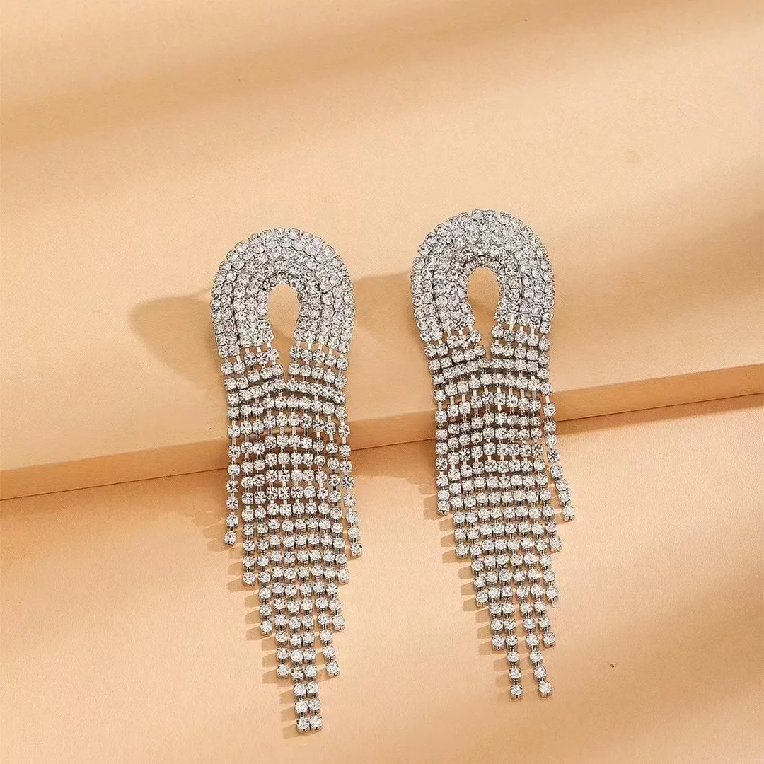

Europe And America Full Rhinestone Tassel Earrings For Women Party Accessories Crystal Statement Dangle Pendientes