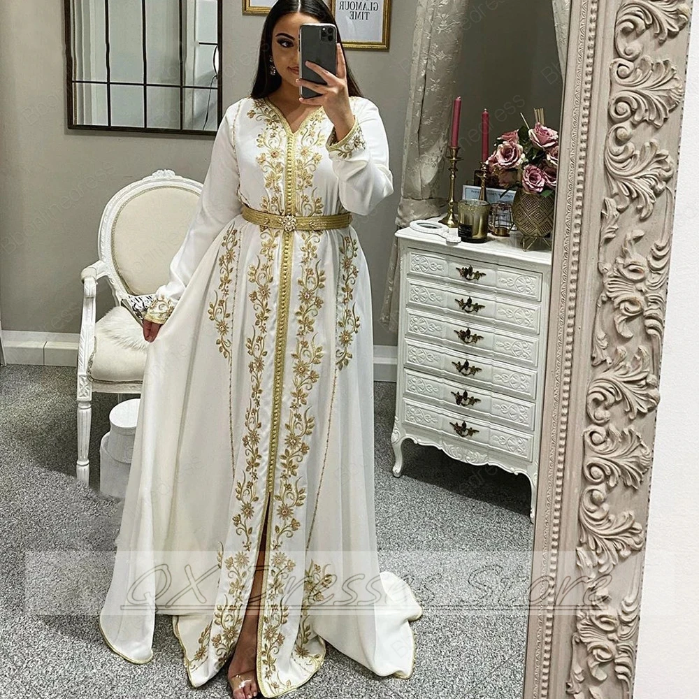 White Moroccan Kaftan Evening Dress 2022 Crystal A Line Caftan Gown Embroidery Wedding Dubai Muslim Party Marocain Kaftan Dress