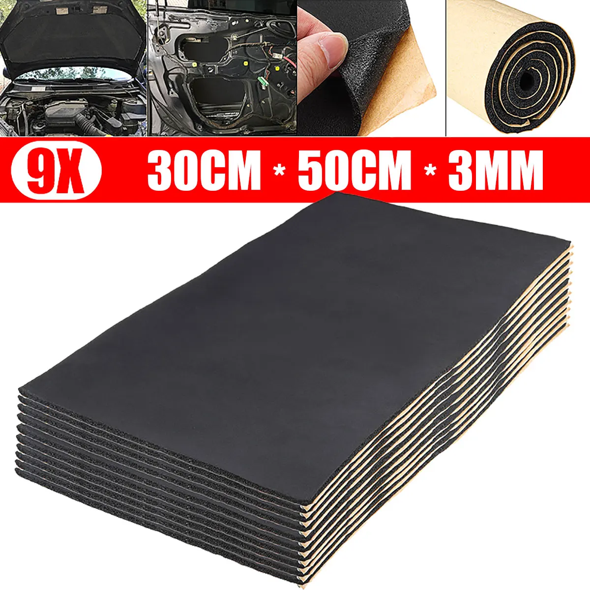 

9pcs 50x30cm 3mm Car Soundproof Cotton Sound Deadener Mat Hood Engine Bonnet Noise Insulation Sound Absorption Cotton
