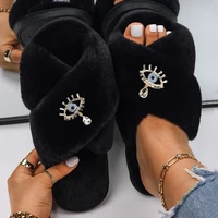 fur slippers women designer furry slides ladies flip flops crystal eye faux fur sandals house slippers female luxury brand shoes