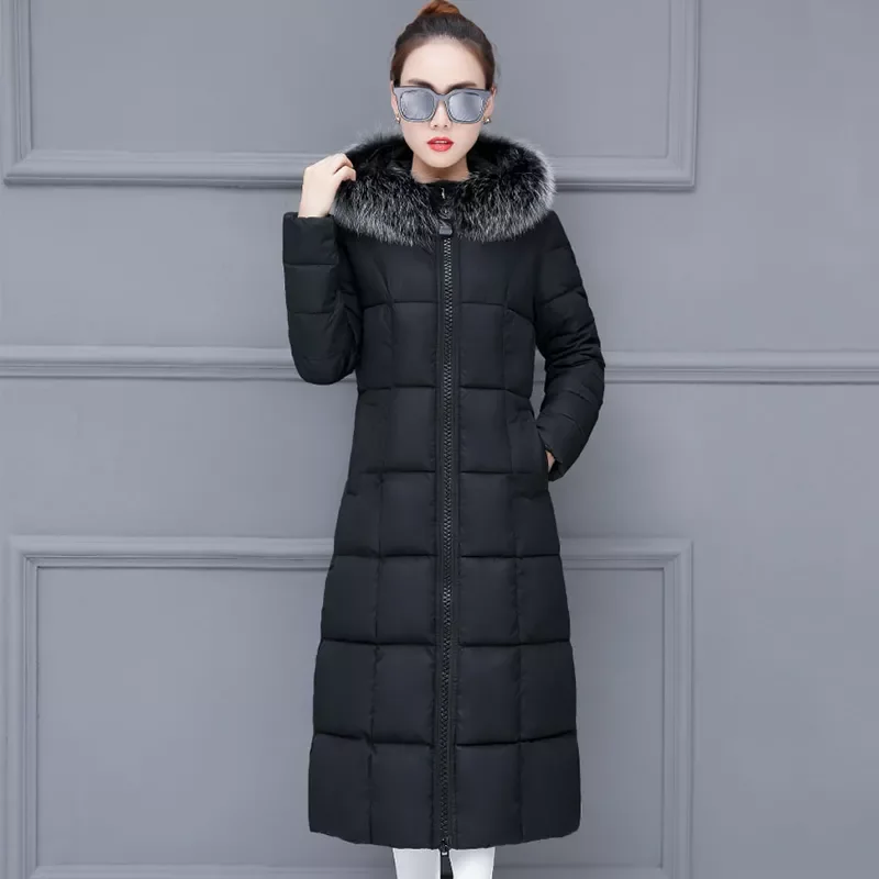 Women X-Long Parkas with Fur Long Sleeve Hooded Ladies Casual Winter Down Coat Pockets Warm Outwear for Female