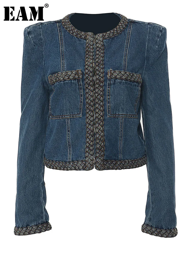 

[EAM] Blue Denim Shoulder Padded Elegant Jacket New Round Neck Long Sleeve Women Coat Fashion Tide Spring Autumn 2023 7AB1814
