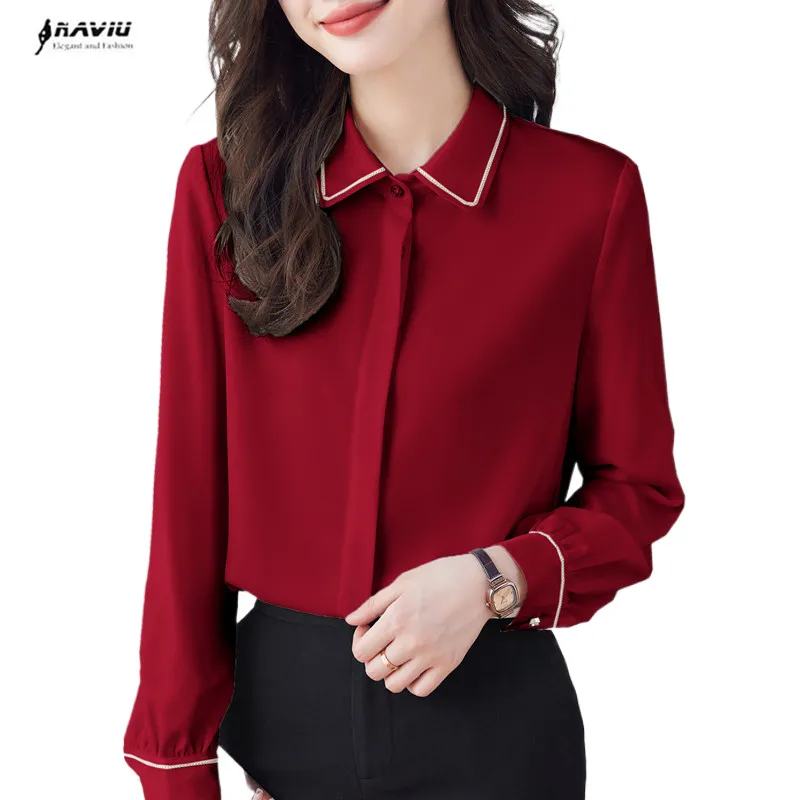 

Рубашка NAVIU винно-красная женская, новинка, весна-осень, модная темпераментная профессиональная деловая атласная блузка, офисные женские топы для работы, белая