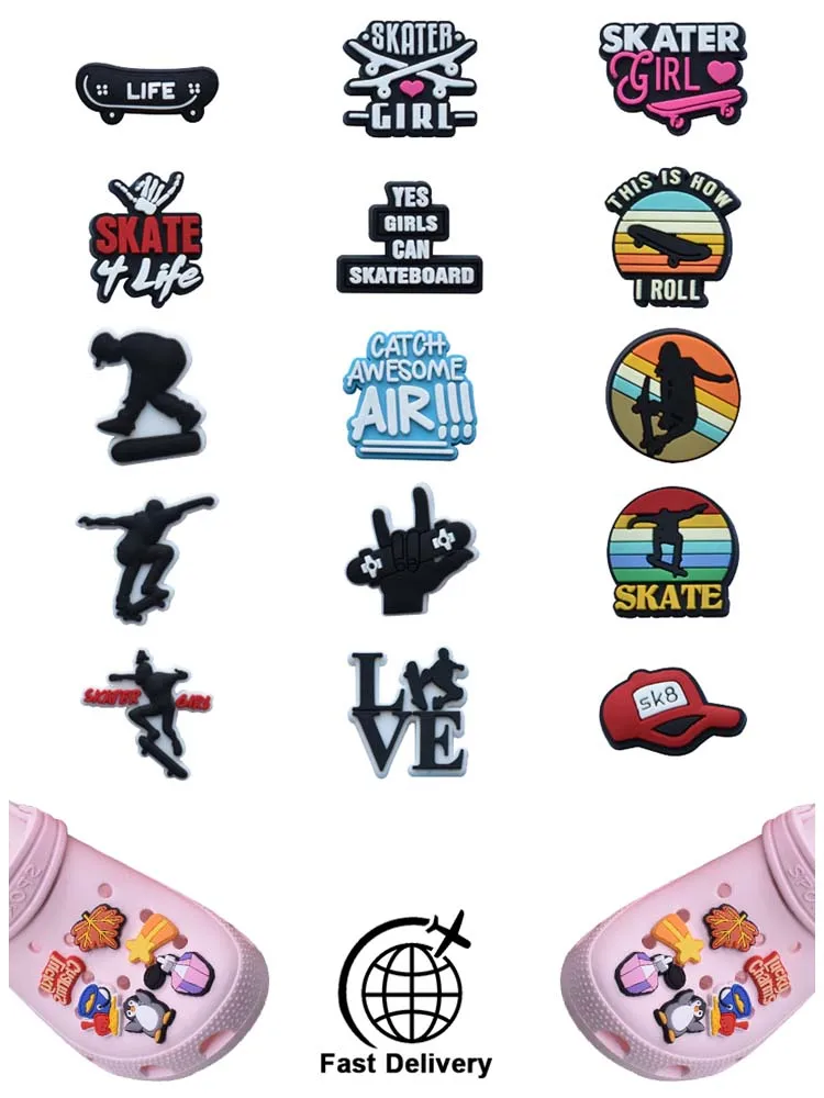 

1Pcs PVC Skater for Croc Charm DIY Shoes Accessories Badge Women Clogs Buckle Kids Pins Decoration Jeans Wristbands Wholesale