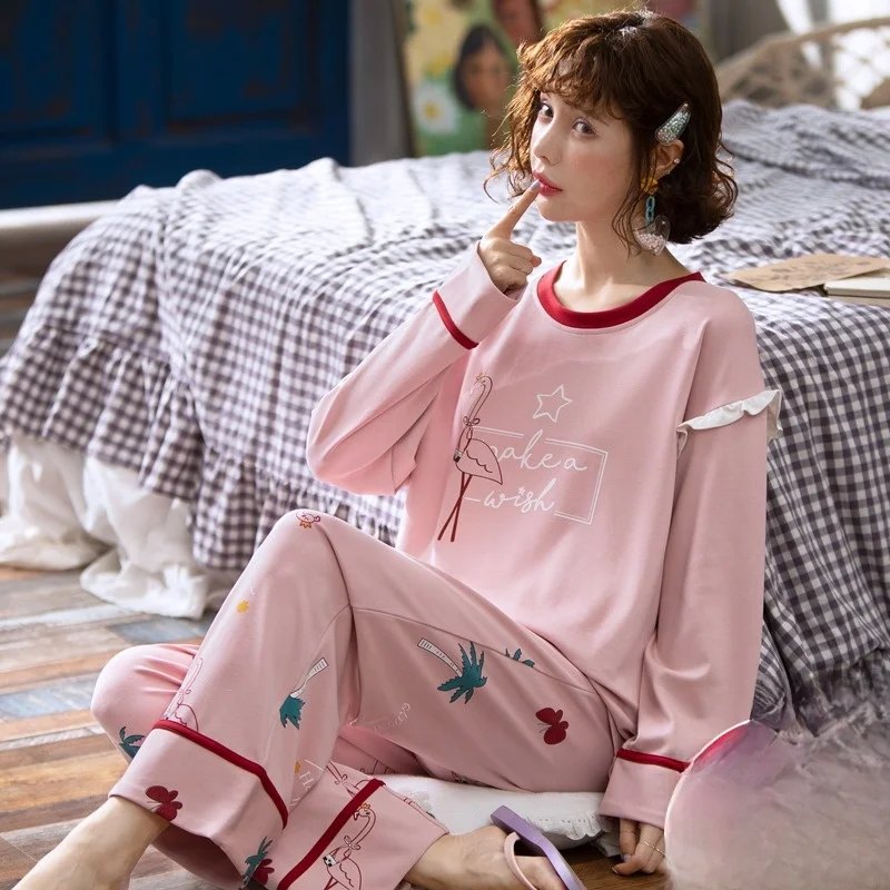 Весенние и осенние пижамы женские из чистого хлопка с длинными рукавами модная