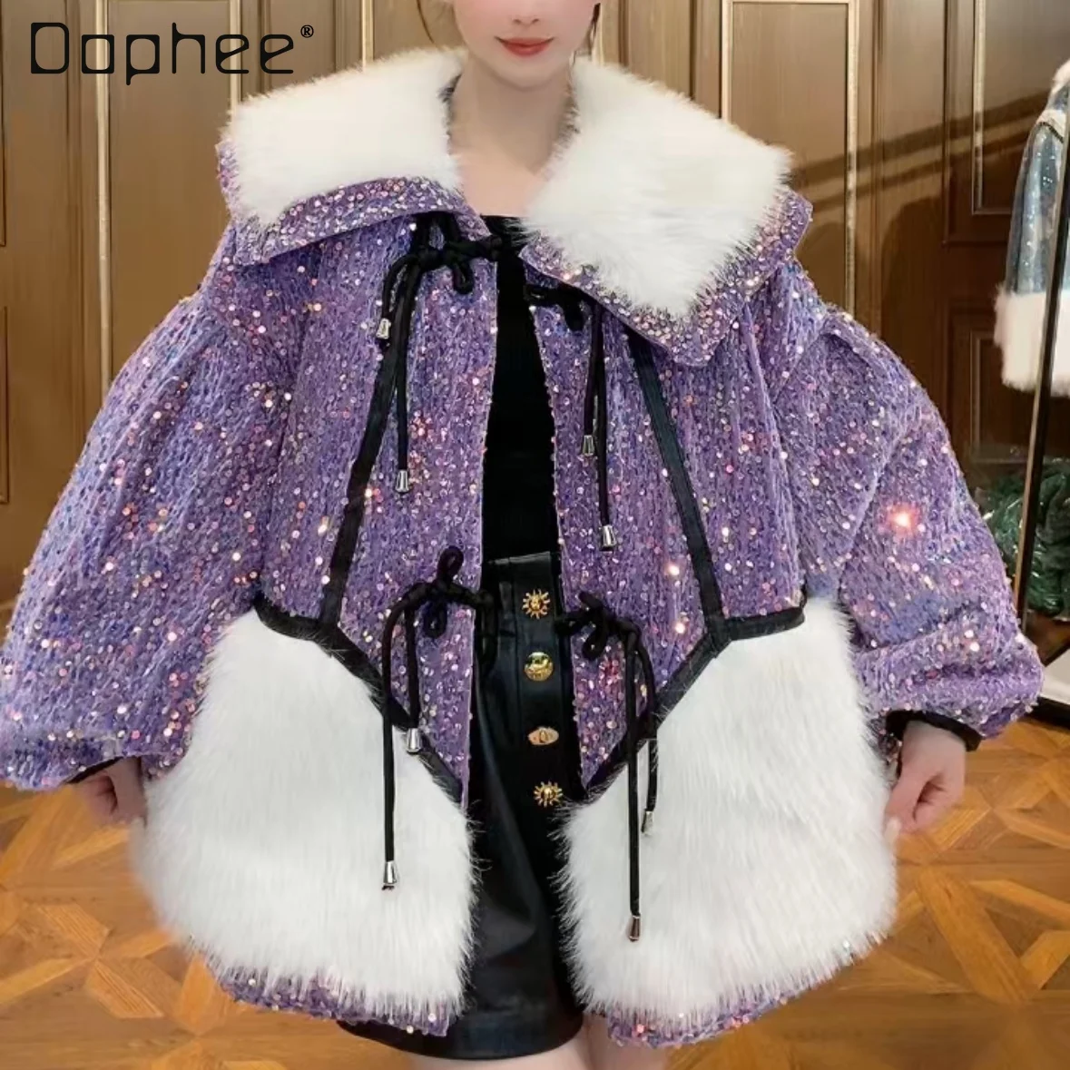 

European Mink Warm Sequined Purple Fur Coats Woman 2023 Winter New High-End Trendy Long Sleeve Mid-Length Jackets for Women