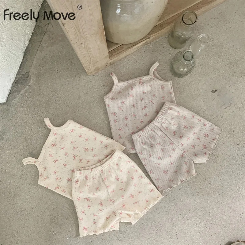 

Freely Move Baby Clothes Sets Summer Toddler Girl Floral Strap Suits Cotton Baby Girl Tops Shorts Infant Tracksuit Newborn Sets