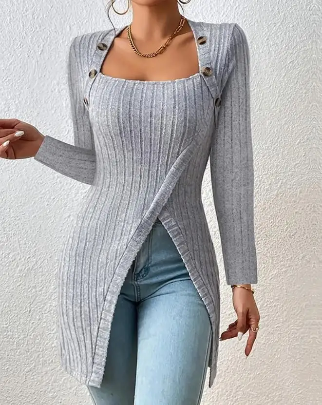

Fashion Bloues for Women 2023 Autumn Winter Long Sleeve Pullover Buttoned Slit Neck Knit Robe Asymmetrical Top Female Basics Tee