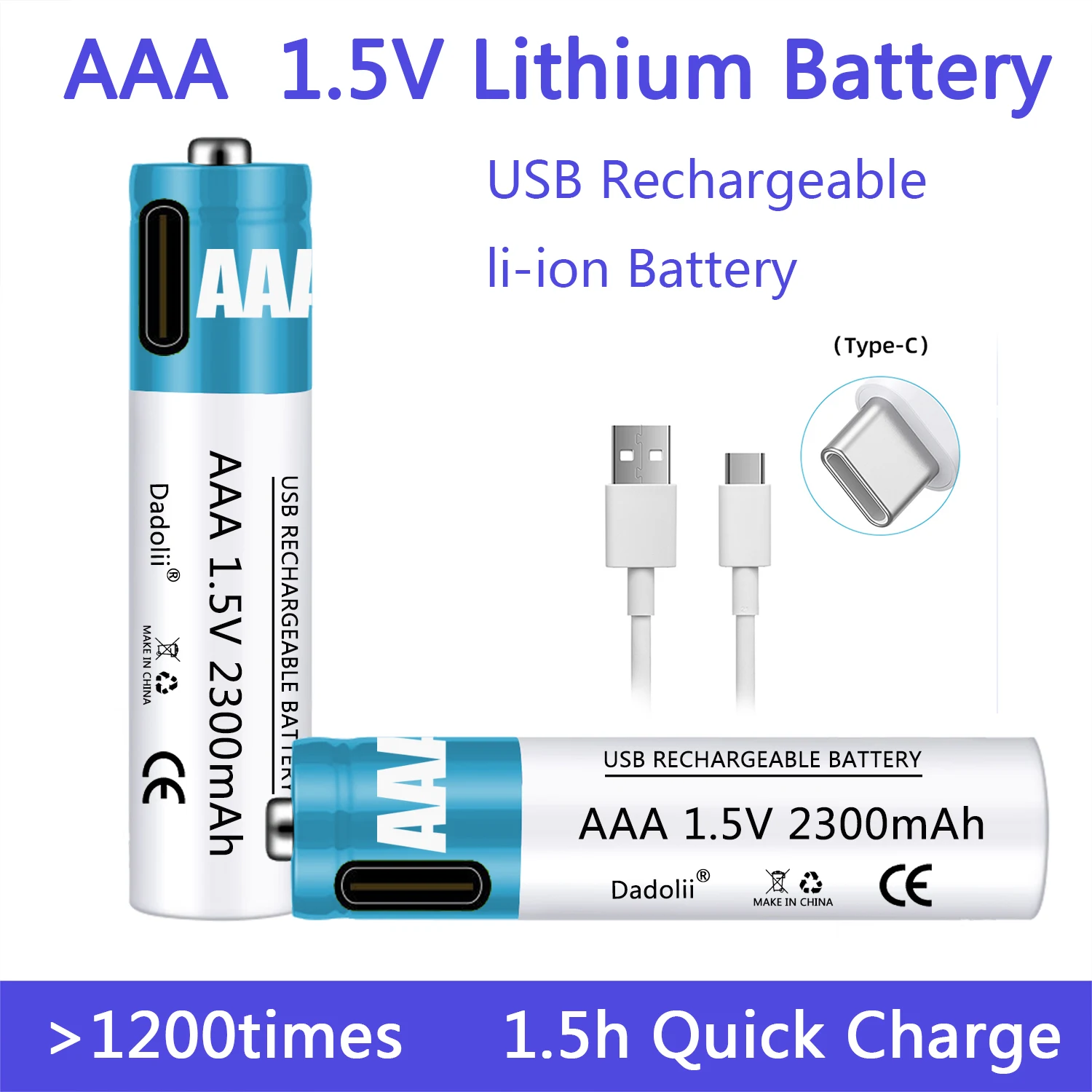 

New 1.5V AAA Rechargeable Battery 2300mAh Rechargeable AAA Battery Lithium Polymer Battery Quick Charging by Type-C USB Cable