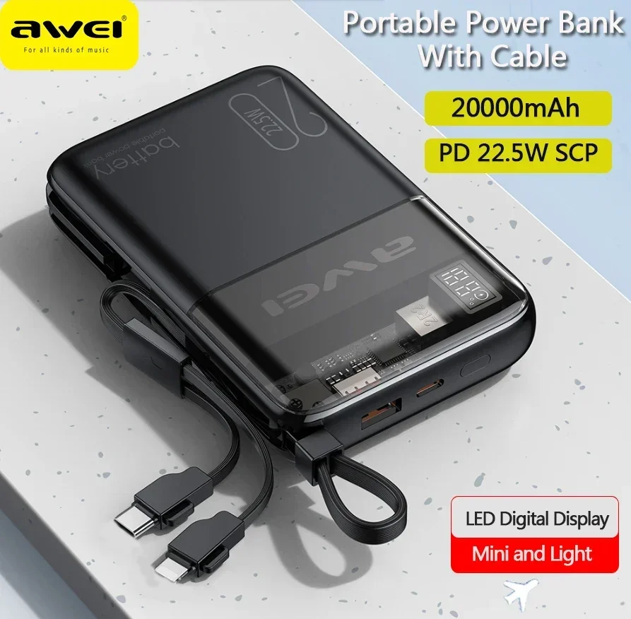 Awei P181K Портативный внешний аккумулятор 20000 мАч с кабелем PD 22 5 Вт Powerbank быстрой