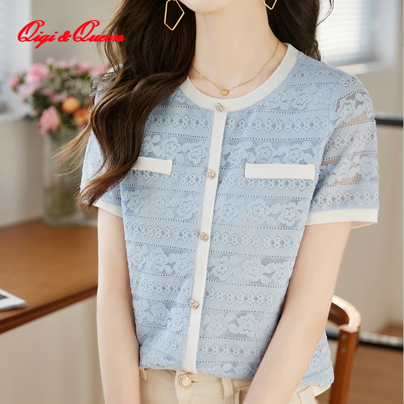 

Qiqi&queen Lace Tops Short-Sleeved Women's 2023 Summer New Colour Collision Blouse Round Neck Tops Hook Hollow Fashion Shirts
