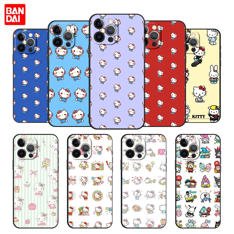 

Hello Kitty Characters Tile Cell Phone Case for iPhone 12 13 Mini Pro Max Se 2020 12Pro 13Pro Black Cover Silicone Couple Matte