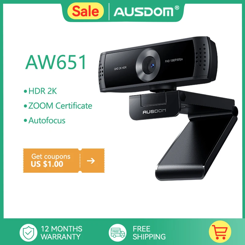 AUSDOM AW651 HDR 2K Webcam Business Computer Autofocus Camera 1080P 60FPS With Dual Noise Canceling Mics For Video Conferencing