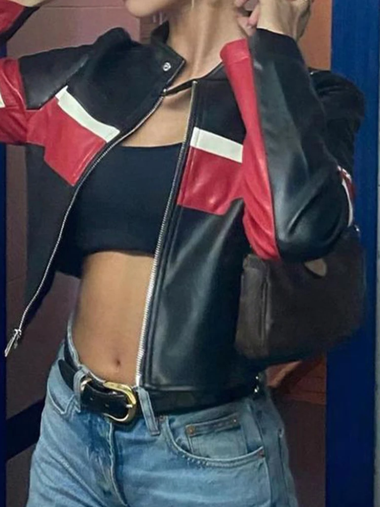 SUCHCUTE Motorcycle Contrast Stripe Print Leather PU Jackets Streetwear O Neck Jacket Zip Up Moto & Biker Women Clothes Racing 