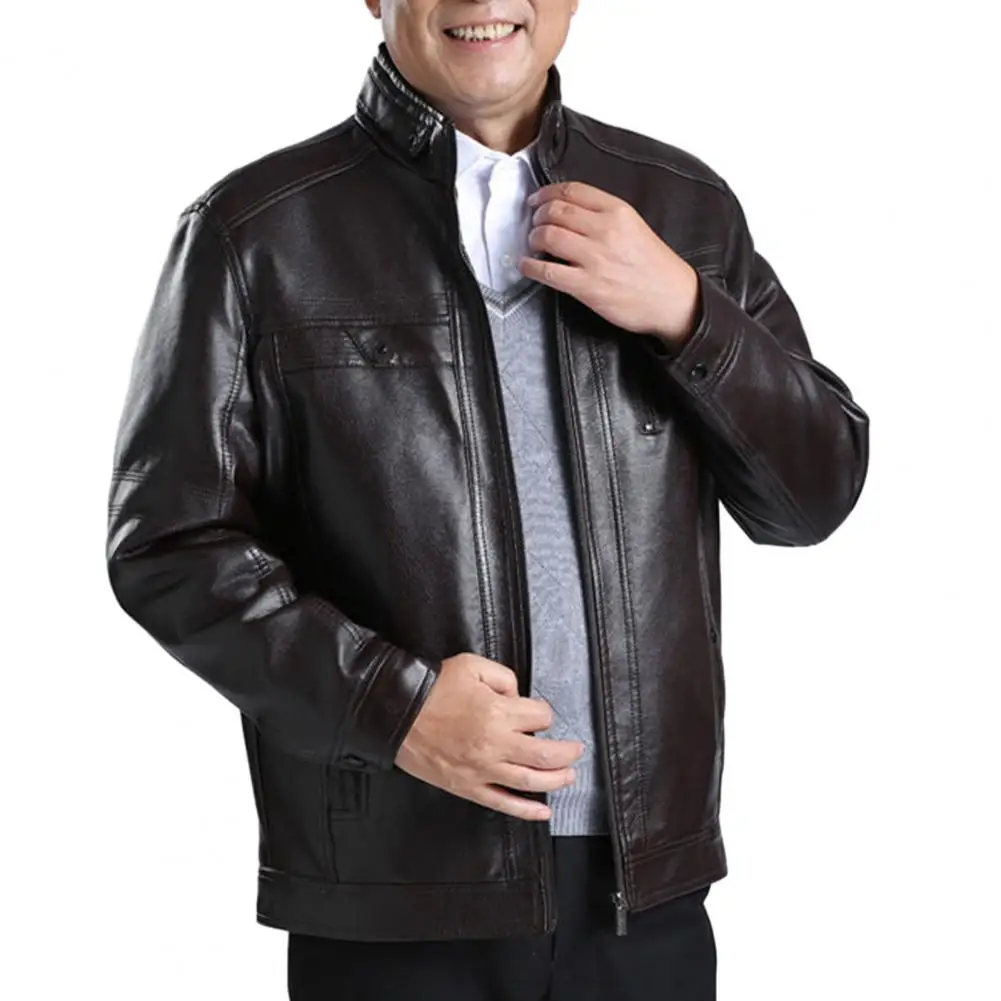 

Мужская куртка среднего возраста, ветрозащитная куртка из искусственной кожи со стоячим воротником и мягкими плюшевыми карманами, мужская куртка из искусственной кожи на молнии