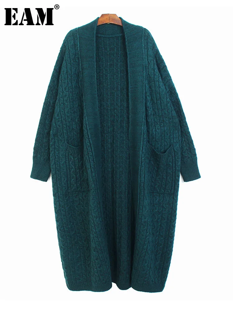 

[EAM] Green Big Size Warn Long Knitting Cardigan Sweater V-Neck Long Sleeve Women New Fashion Tide Autumn Winter 20231DF3377