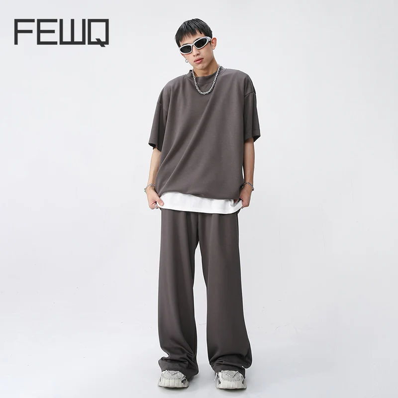 

FEWQ Men Summer New Casual Two Piece Sets Korean Short Sleeve Tshirt Tide Solid Color Loose Drawstring Staright Leg Pants 9A8402