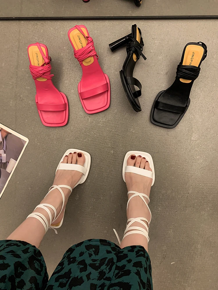 

Fashion High Heel Lace-up Open Toe Sandals for Women Spring and Summer New Square Toe Stiletto Heel Seaside Holiday Roman Shoes
