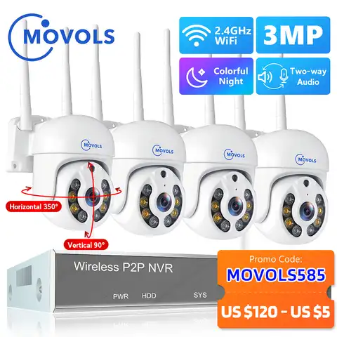 Movols H.265 3MP HD Беспроводная система видеонаблюдения двухсторонняя аудио Водонепроницаемая PTZ WIFI IP камера безопасности 8CH P2P NVR комплект видеона...