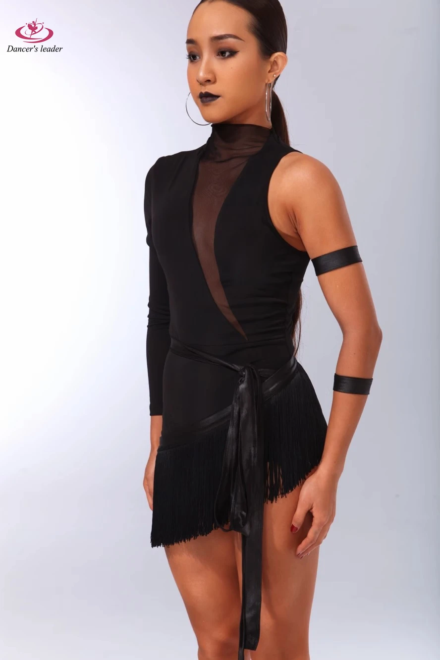 Топ с косым плечом и высоким воротником для латиноамериканских танцев цельный