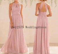 Blush Pink Bridesmaid Dresses Long Country Style Halter Neck Lace Chiffon Full Length A-line Formal Wedding Guest Party Dress