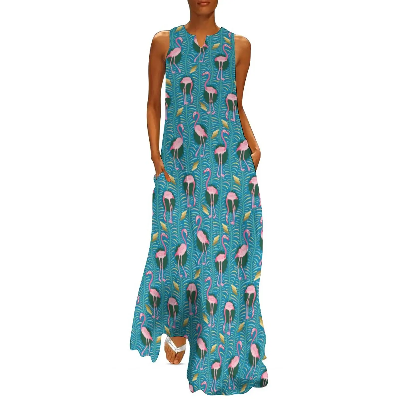 

Birds Print Dress Summer Pink Flamingo Art Aesthetic Bohemia Long Dresses Women Graphic Elegant Maxi Dress 3XL 4XL 5XL