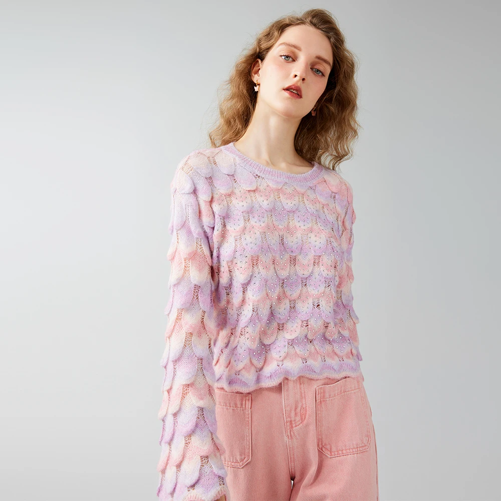 

Женский Тонкий мохеровый свитер, розовый вязаный пуловер с радужным градиентом, Расклешенным рукавом и рисунком ананаса, осень 2023