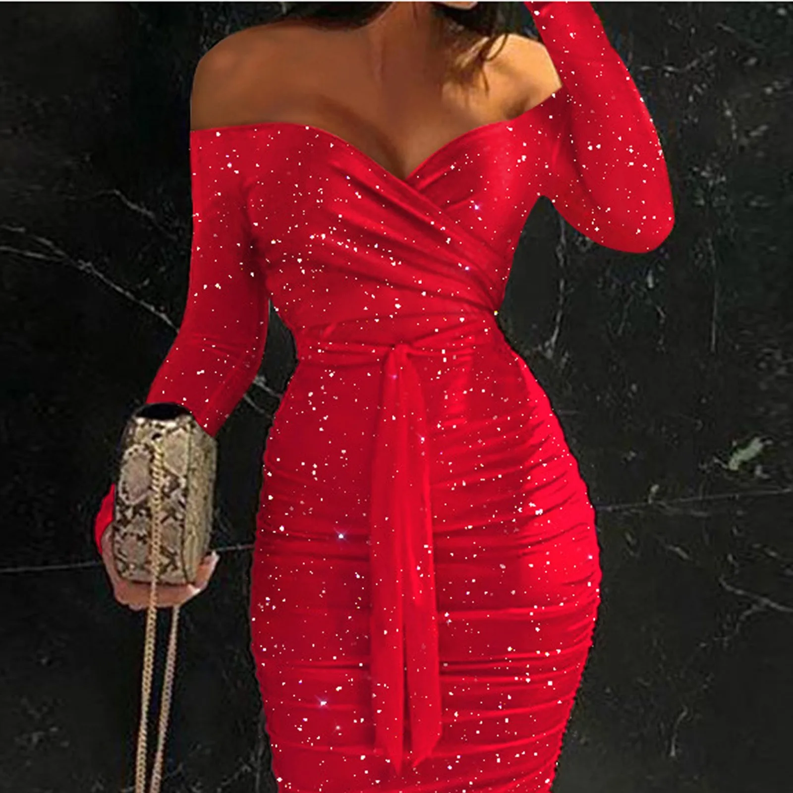 

Off Shoulder Bodycon Dress Woman 2022 Autumn Long Sleeve Formal Dress Fashion Elegant Ruched Belted Dress robe de soiree