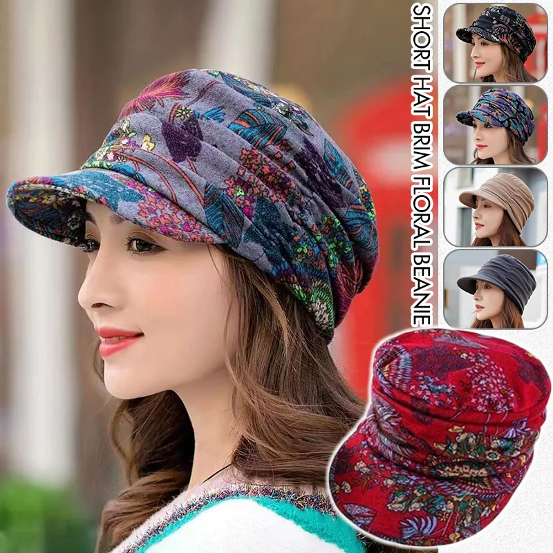 

Women's Ethnic Print Hat Autumn Winter Warm Short Brim Cap Flat Tongue Cap Hair Loss Chemo Beanie Casual Short Brim Pointed Hat