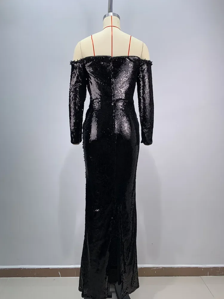 Женское длинное платье с длинным рукавом черное Сетчатое макси блестками и