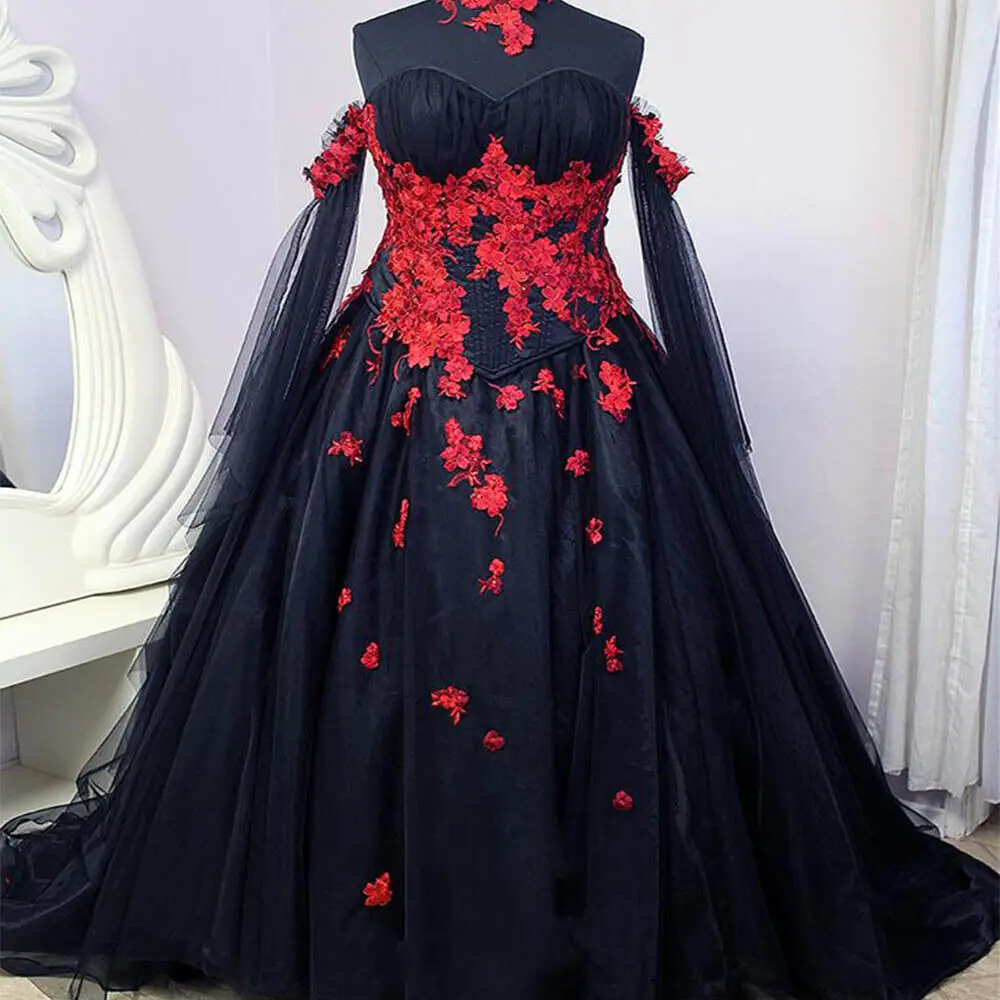 

Vintage Rock Gothic Wedding Dress 2023 Black With Red Lace A Line Plus Size Church New Collection Boho Chic Women Bride Dress