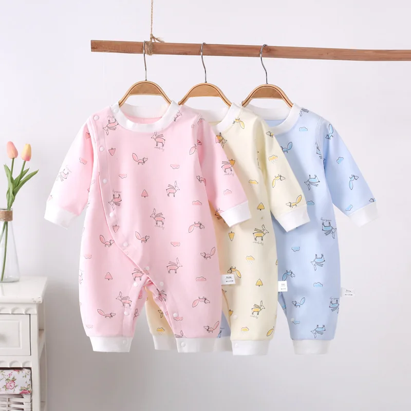 

Spring and Autumn Newborn Baby Clothes Boneless Oblique Placket One-piece Pure Cotton Lovely Baby Climbing Suit for 0-12 Months