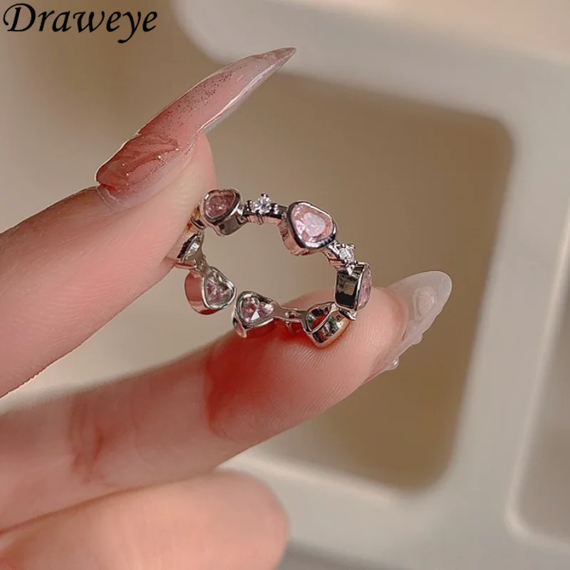 

Draweye Pink Heart Rings for Women Zircon Metal Vintage Sweet Anillos Mujer Cute Jewelry Index Finger Y2k Fashion Cuff Rings
