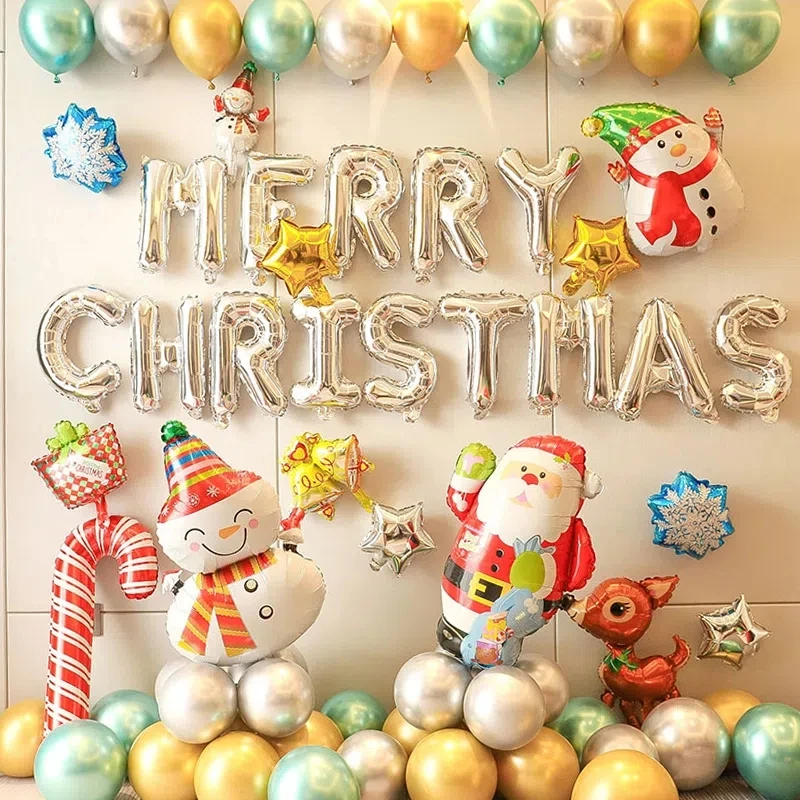 

Рождественские воздушные шары, Набор принадлежностей, Рождественская вечеринка, фон, украшение на стену, Санта-Клаус, снеговик, алюминиевые пленочные шары