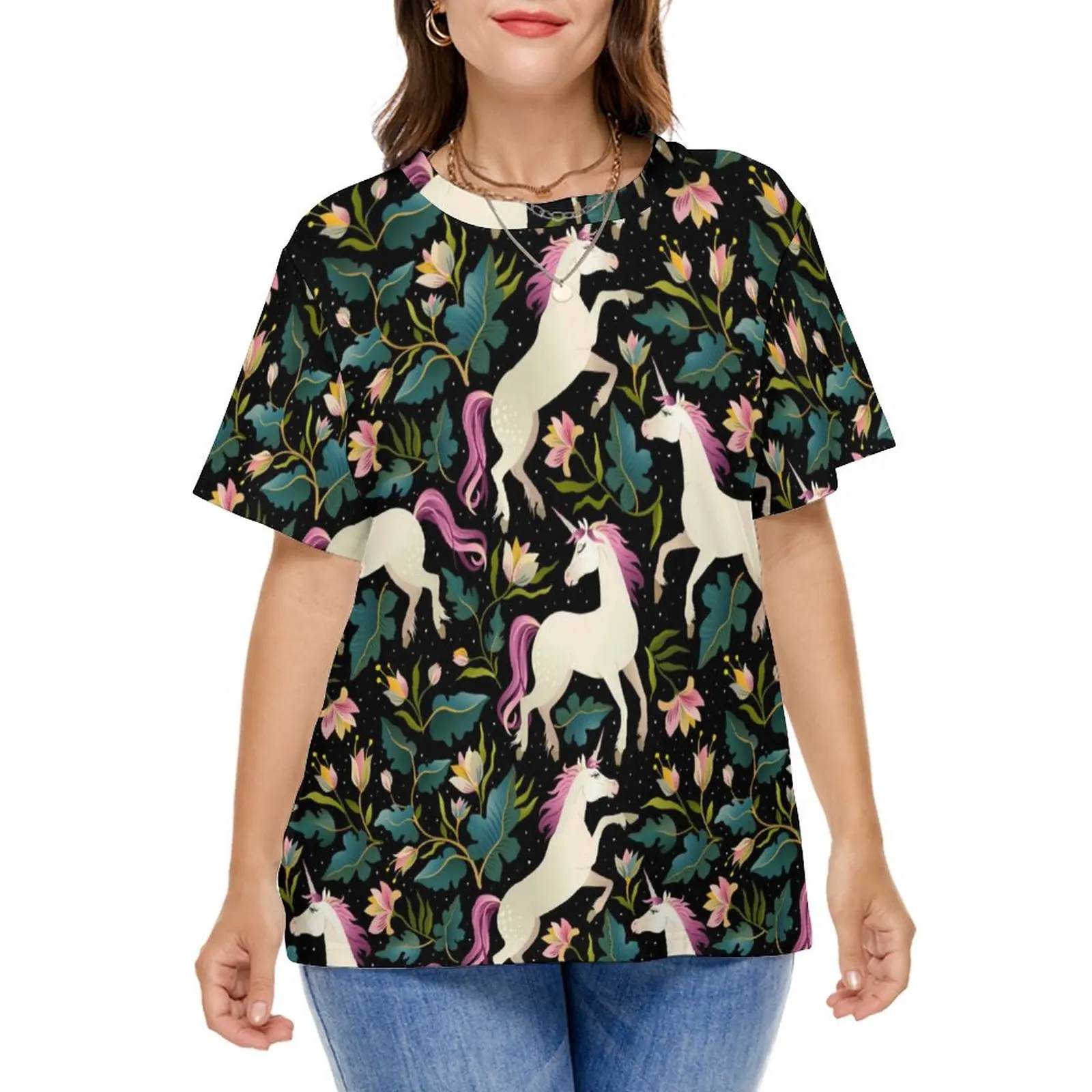 

Cartoon Unicorn T-Shirt Flowers Print Cool T-Shirts Short Sleeve Pattern Tops Woman Basic Clothing Plus Size 4XL 5XL