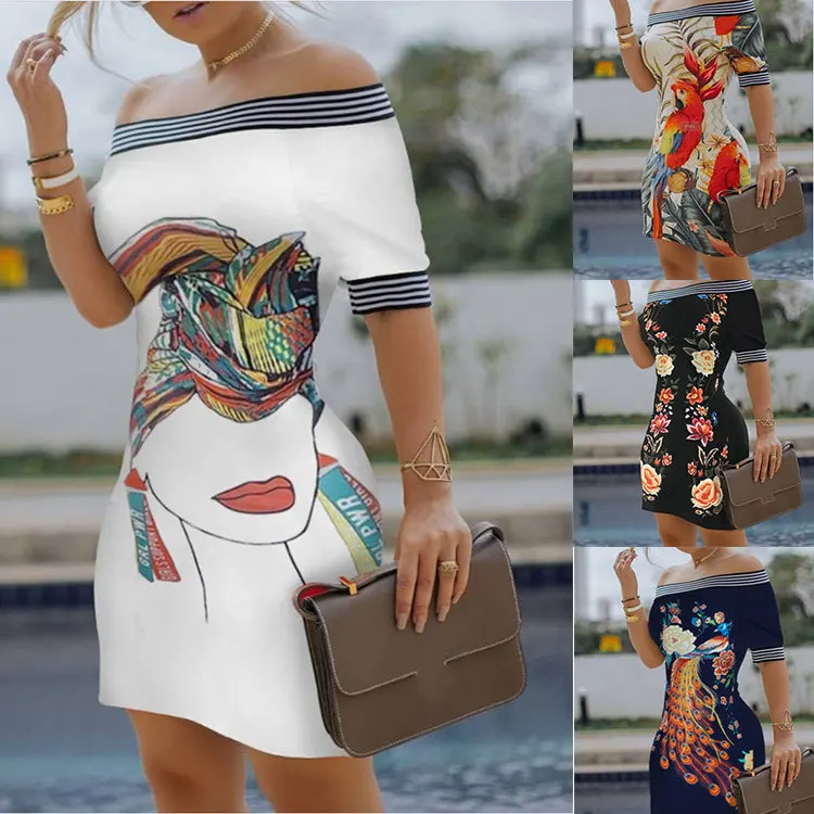 

Short Dress Women Summer 2022 New One Shoulder Print Slim Sexy Pencil Skirt