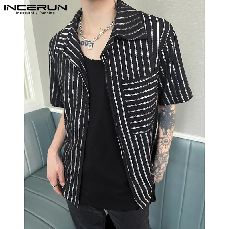 

Handsome Well Fitting Tops INCERUN Men's Short Sleeve Stripe Shirts Casual Streetwear Male Hot Sale Button-up Lapel Blouse S-5XL