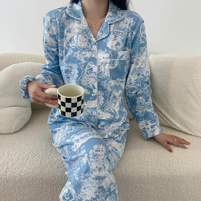 CAIYIER Winter Girls Sweet Nightwear Korean Style Dot Soft Sleepwear Long Sleeve Long Pants Women Pajamas Set Cute Lounge Wear