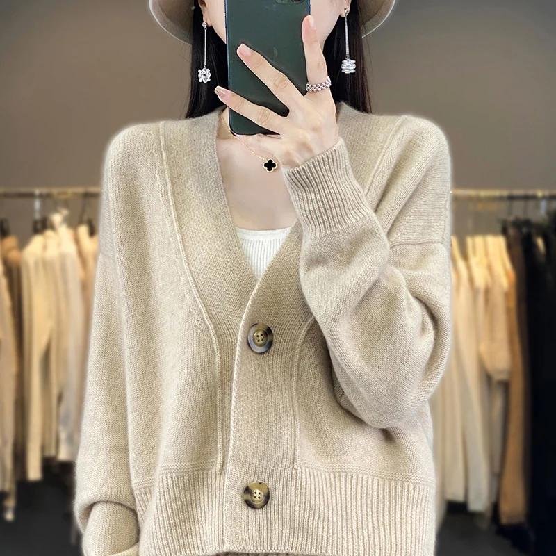 Женский вязаный кардиган с V-образным вырезом однотонный свободный свитер из