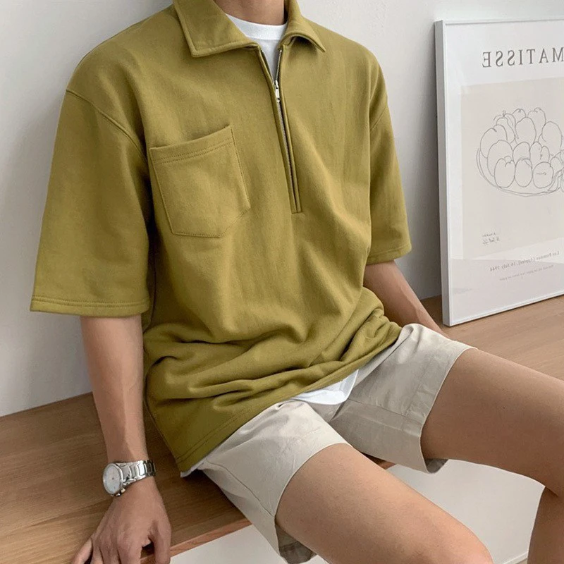 

Vintage Zipper Cotton Polo Shirt Men Casual Pure Color Loose Lapel Half Sleeve T Shirt Summer Fashion Men's Polo Tees Streetwear