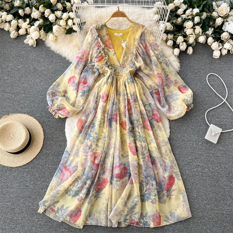 

Spring Women Deep V-neck Lantern Sleeve Flowers Print Long Pleated Dress Yellow Vestidos Ladies Elegant Party Evening Dresses
