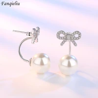 fanqieliu silver color s925 stamp cute bow zircon pearl stud earrings for woman trendy jewelry girl luxury gift new fql21061