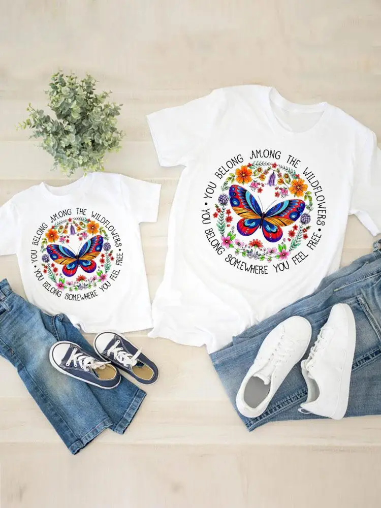 Women Child Kid Flower Butterfly 90s Clothing Boy Girl Summer Family Matching Outfits Mom Mama Mother Tee T-shirt Clothes