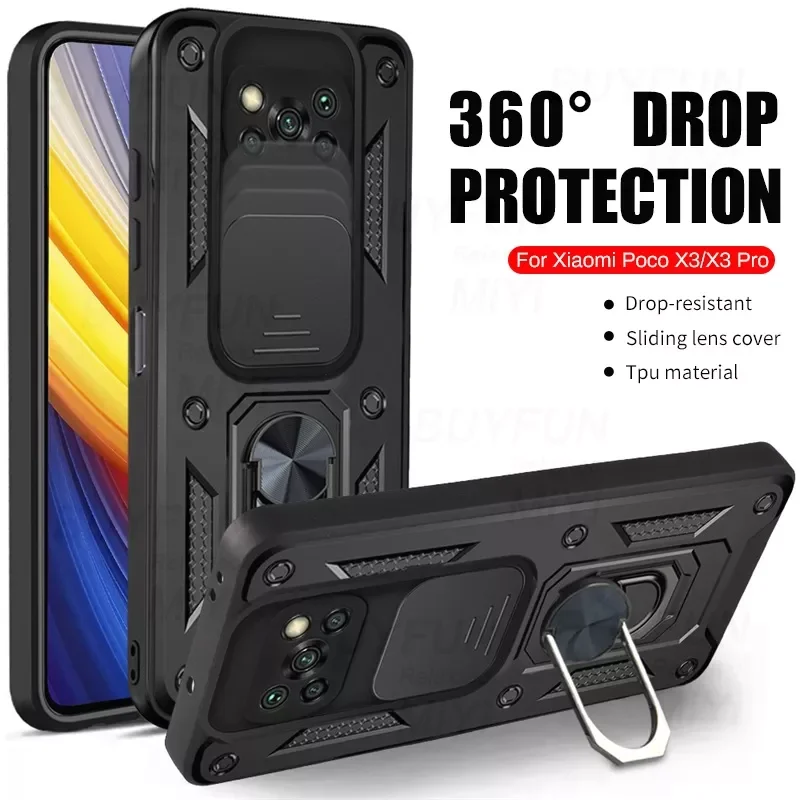 

For POCO X3 Pro Case Armor Shockproof Magnet Holder Ring Push Pull Lens Protection Cover On Poko Little Pocco X3 X 3 X4 Pro NFC
