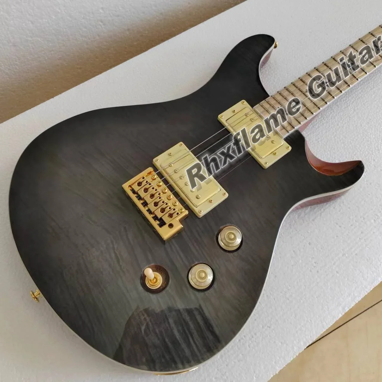 

Rare Reed Flame Maple Top Grey Black Electric Guitar Mahogany Body Maple Fingerboard Abalone Inlay Tremolo Bridge Gold Hardware